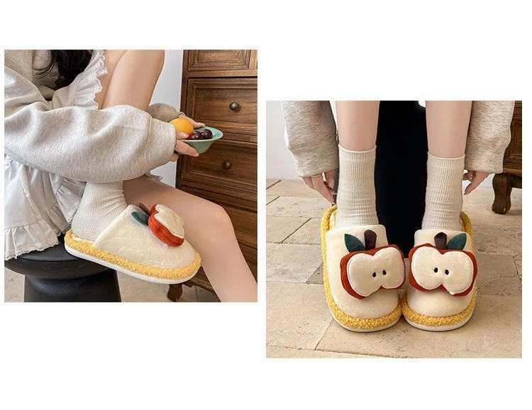 Apple Cute Closed-Toe Plush Cotton Slippers for Women, Winter 2026 New Model, Indoor Home Warm Non-Slip Odor-Resistant