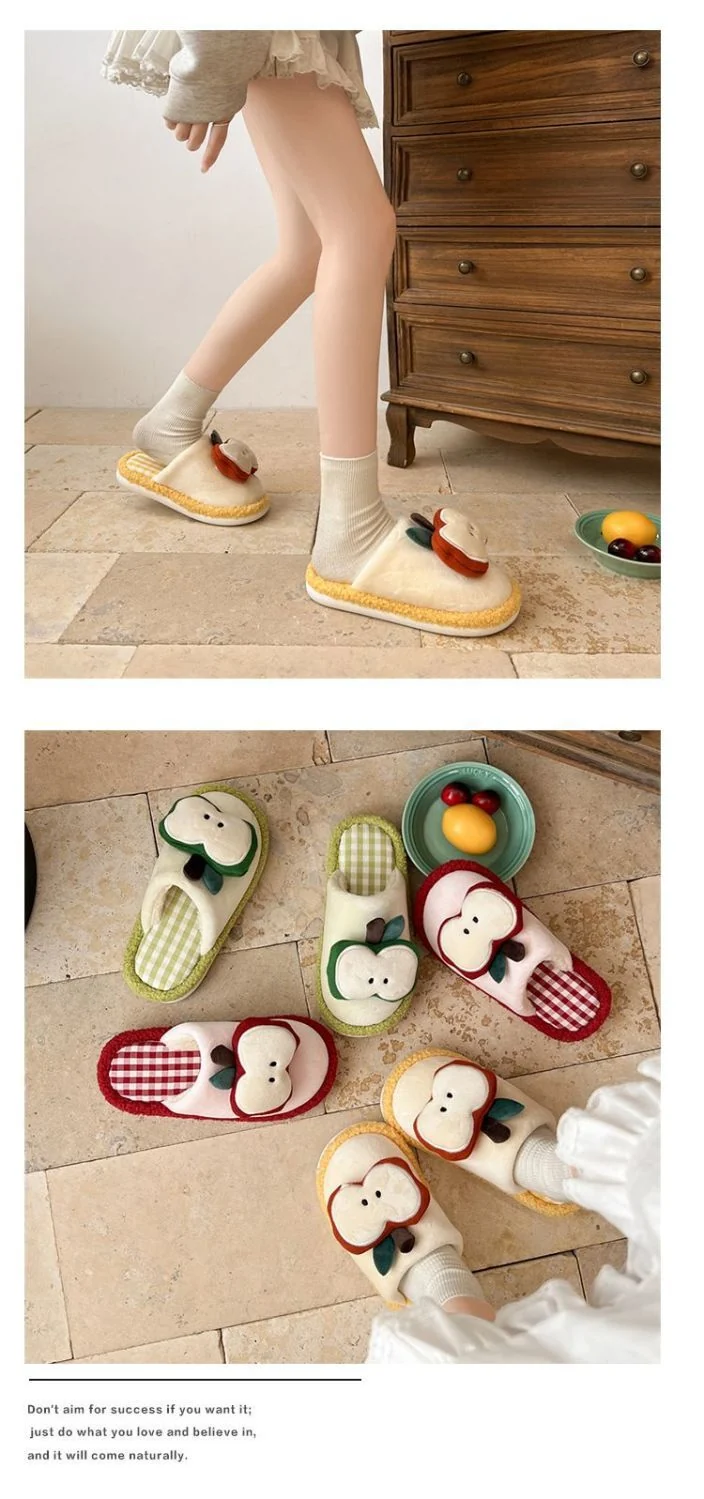Apple Cute Closed-Toe Plush Cotton Slippers for Women, Winter 2026 New Model, Indoor Home Warm Non-Slip Odor-Resistant