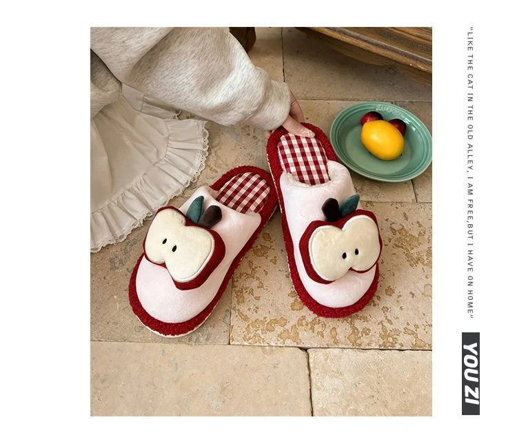 Apple Cute Closed-Toe Plush Cotton Slippers for Women, Winter 2026 New Model, Indoor Home Warm Non-Slip Odor-Resistant