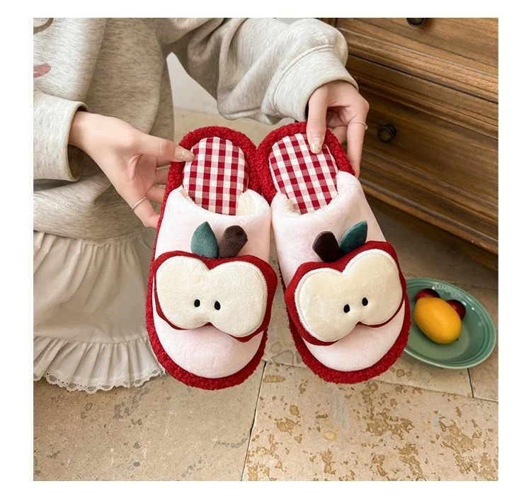 Apple Cute Closed-Toe Plush Cotton Slippers for Women, Winter 2026 New Model, Indoor Home Warm Non-Slip Odor-Resistant