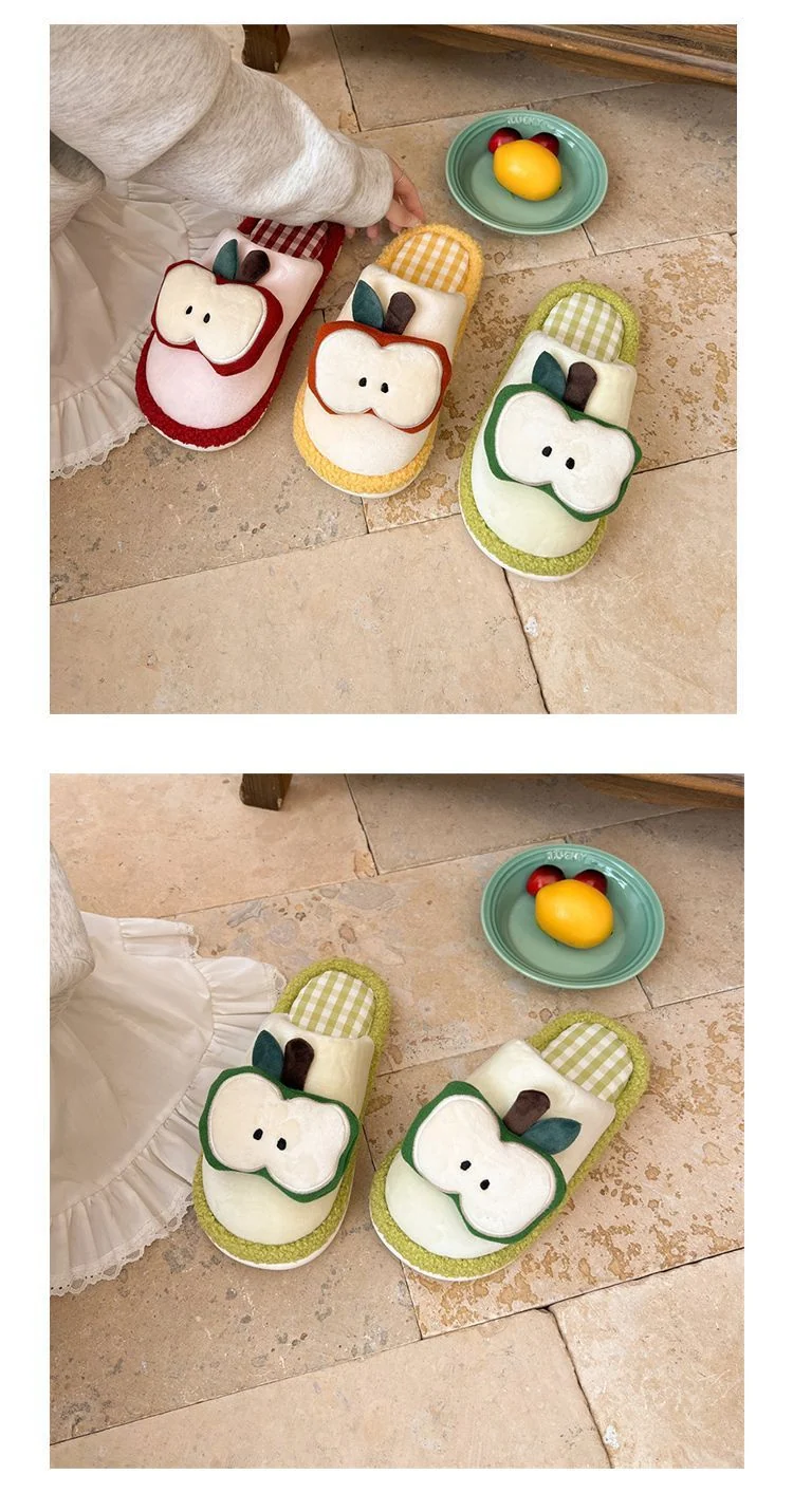 Apple Cute Closed-Toe Plush Cotton Slippers for Women, Winter 2026 New Model, Indoor Home Warm Non-Slip Odor-Resistant