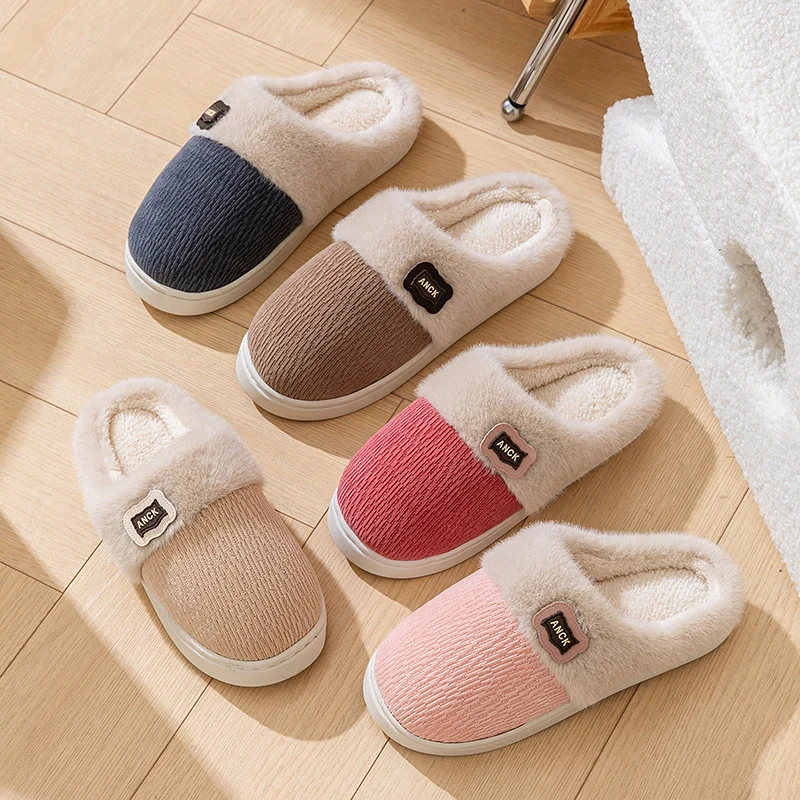 Stuffed Slippers for Women, Autumn and Winter Fashionable Indoor Home Non-Slip Warm Couple Style Plush Slippers Cotton for Men