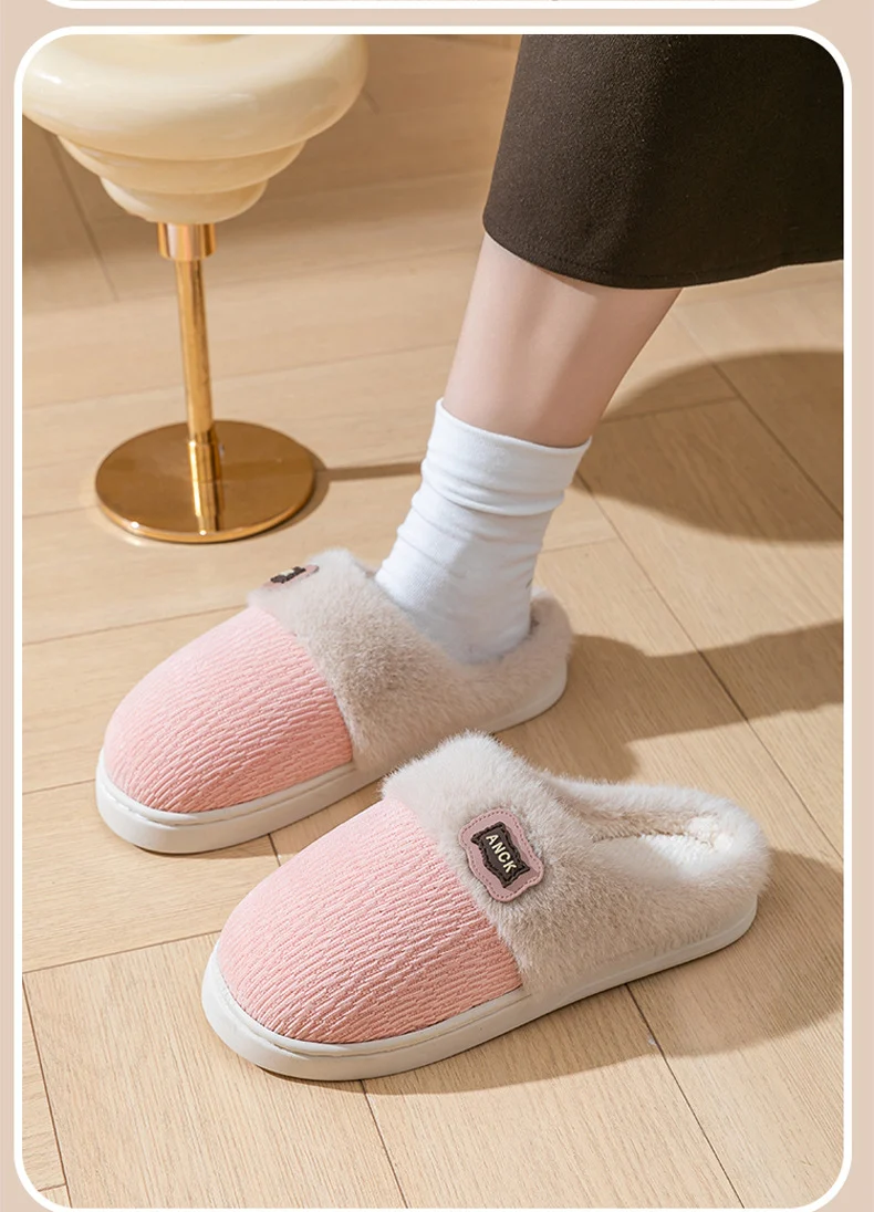 Stuffed Slippers for Women, Autumn and Winter Fashionable Indoor Home Non-Slip Warm Couple Style Plush Slippers Cotton for Men