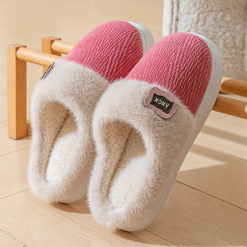 Stuffed Slippers for Women, Autumn and Winter Fashionable Indoor Home Non-Slip Warm Couple Style Plush Slippers Cotton for Men