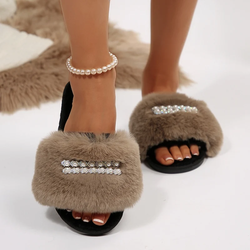New Foreign Trade Pearl Chain Large Plush Flat Slippers for Women, Fashionable Open-Toe Home Cotton Slippers for Cross-Border