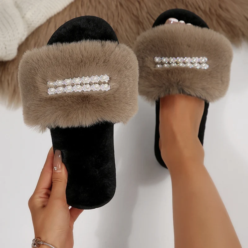 New Foreign Trade Pearl Chain Large Plush Flat Slippers for Women, Fashionable Open-Toe Home Cotton Slippers for Cross-Border