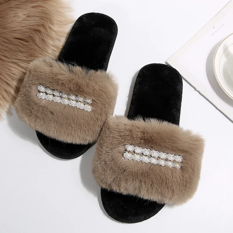New Foreign Trade Pearl Chain Large Plush Flat Slippers for Women, Fashionable Open-Toe Home Cotton Slippers for Cross-Border