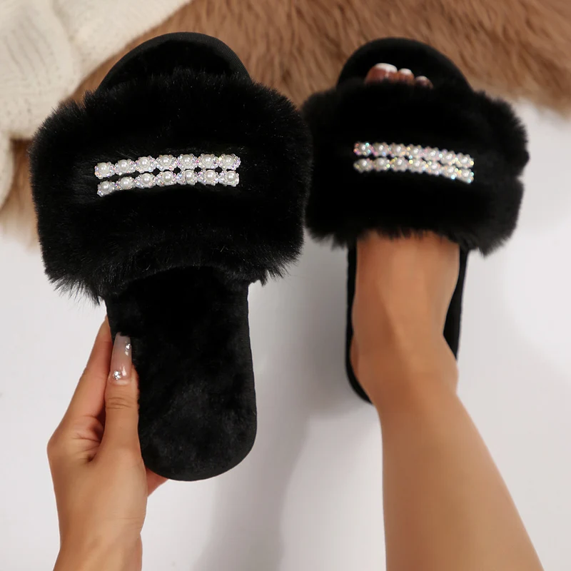 New Foreign Trade Pearl Chain Large Plush Flat Slippers for Women, Fashionable Open-Toe Home Cotton Slippers for Cross-Border
