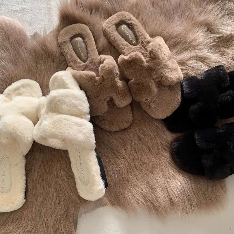 Exquisite! Gentle Old Money Style Furry Shoes, Lightweight Furry Slippers for Outdoor Wear, Autumn and Winter French-Style Non-Slip Plush Cotton Slippers