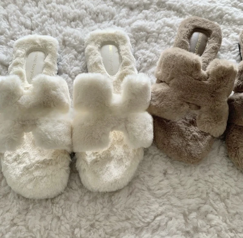 Exquisite! Gentle Old Money Style Furry Shoes, Lightweight Furry Slippers for Outdoor Wear, Autumn and Winter French-Style Non-Slip Plush Cotton Slippers