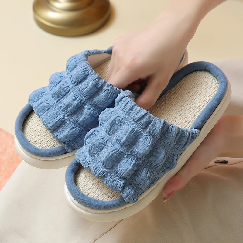 Japanese Linen Slippers for Women Spring & Fall Home Indoor Puff Cotton and Linen Silent Non-Slip Thick-Soled Bathroom Slippers for Men Wholesale