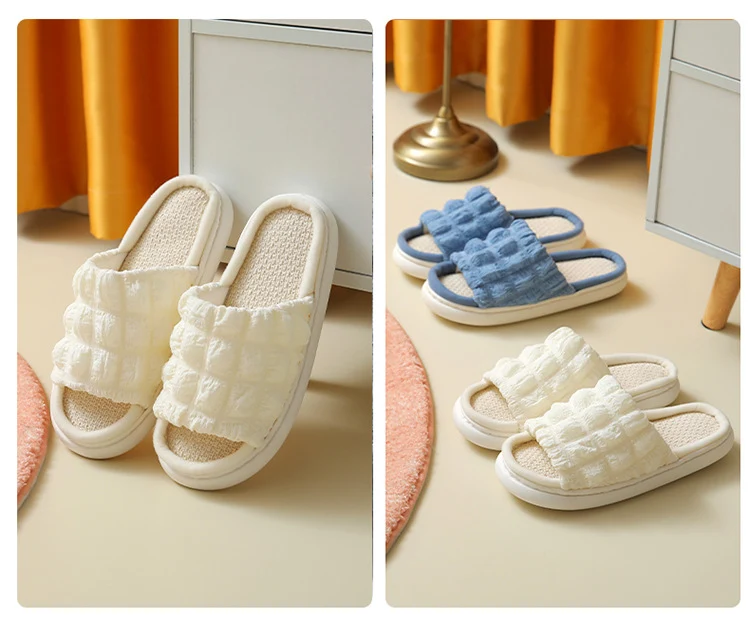 Japanese Linen Slippers for Women Spring & Fall Home Indoor Puff Cotton and Linen Silent Non-Slip Thick-Soled Bathroom Slippers for Men Wholesale