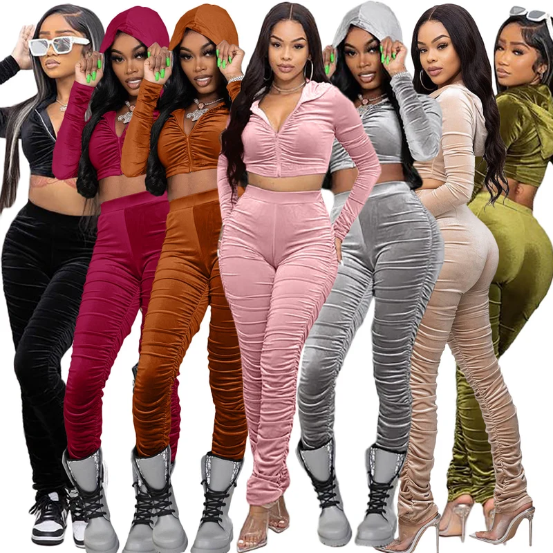 F185 European and American Women's Clothing Amazon Spring Two-piece Korean Velvet Solid Color Long Sleeve Navel Pleated Sports Suit