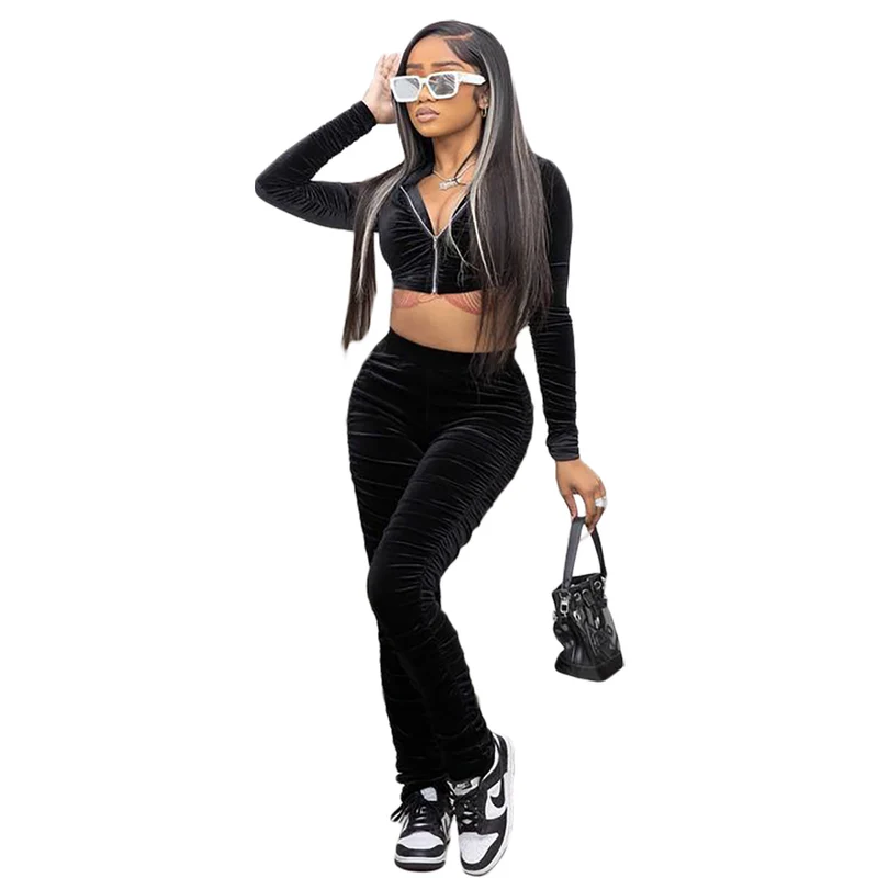 F185 European and American Women's Clothing Amazon Spring Two-piece Korean Velvet Solid Color Long Sleeve Navel Pleated Sports Suit