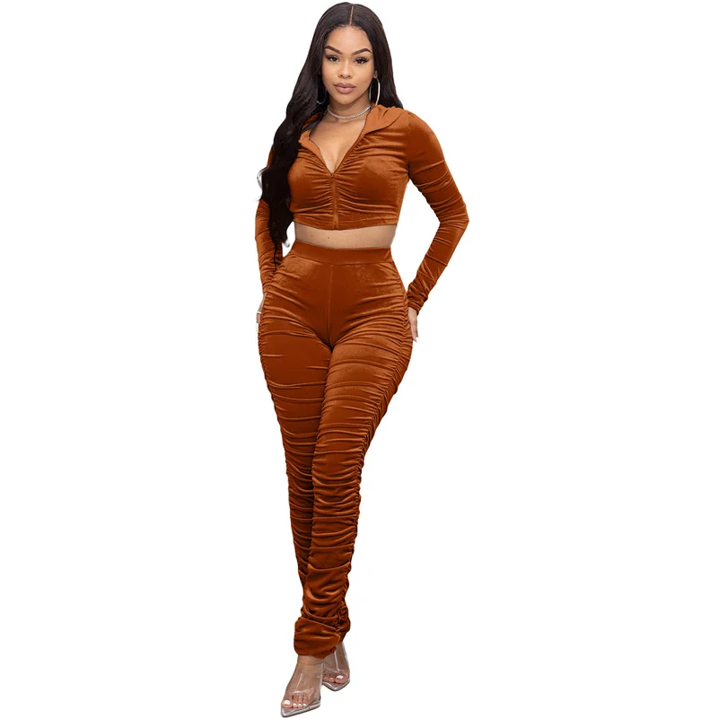 F185 European and American Women's Clothing Amazon Spring Two-piece Korean Velvet Solid Color Long Sleeve Navel Pleated Sports Suit