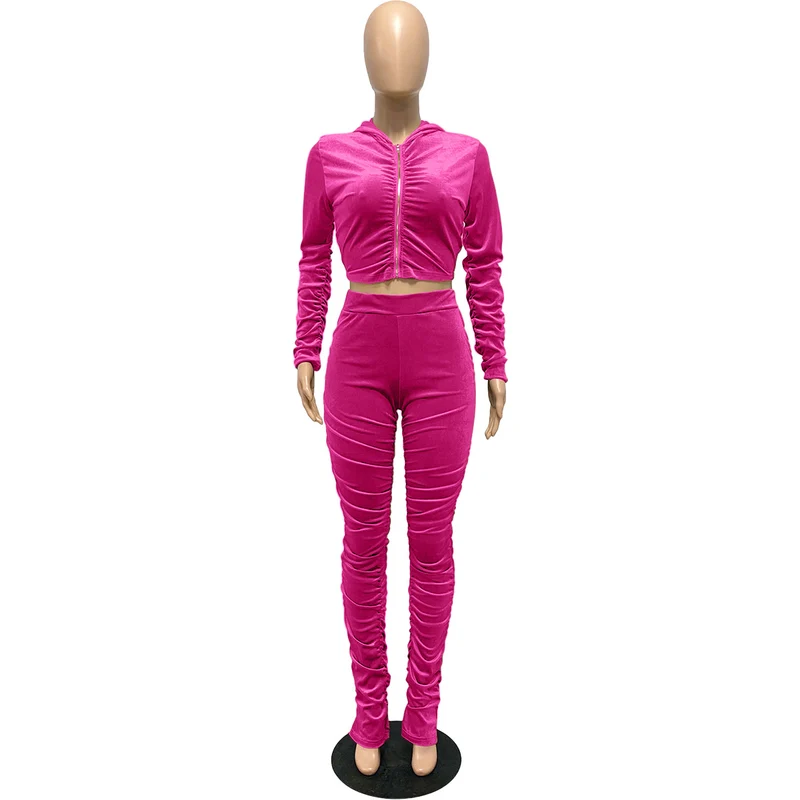 F185 European and American Women's Clothing Amazon Spring Two-piece Korean Velvet Solid Color Long Sleeve Navel Pleated Sports Suit