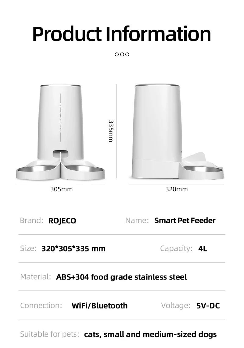 ROJECO Automatic Cat Feeder Pet Smart Cat Food Kibble Dispenser Remote Control Auto WiFi Double Feeder For Cats Dog Accessories