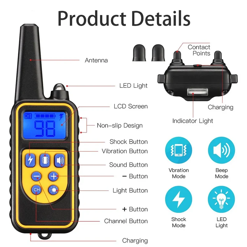Electric Dog Training Collar Detachable Bark Rechargeable Anti Barking Shock Vibration Collar for All Dogs Pet with Clicker