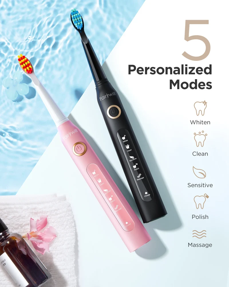 Fairywill Sonic Electric Toothbrush FW-D7 set USB Charge Toothbrushes case for Adult with tooth brush Heads 5 Mode Smart Time