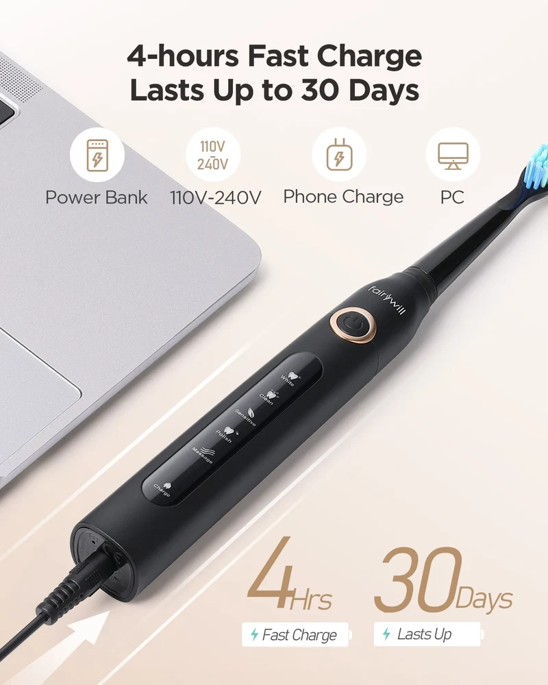 Fairywill Sonic Electric Toothbrush FW-D7 set USB Charge Toothbrushes case for Adult with tooth brush Heads 5 Mode Smart Time