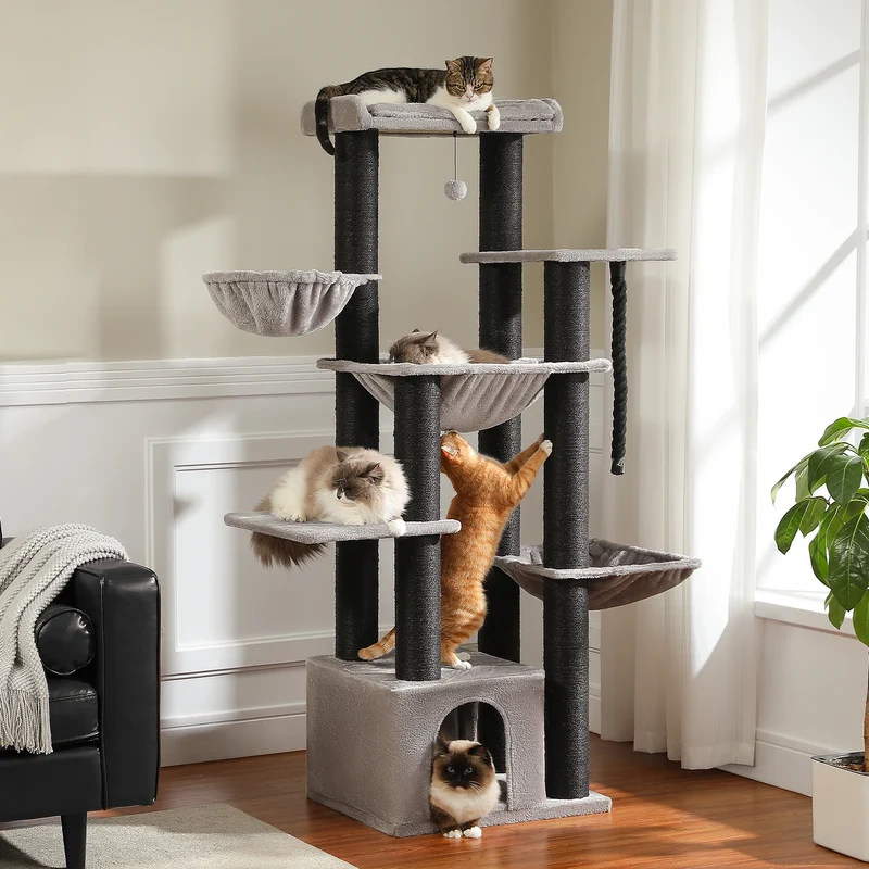Multi-Level Cat Tree with Scratching Posts, Cozy Condo, Super Large Perch, Deep Hammocks, Tall Cat Tower for Indoor Adult Cats
