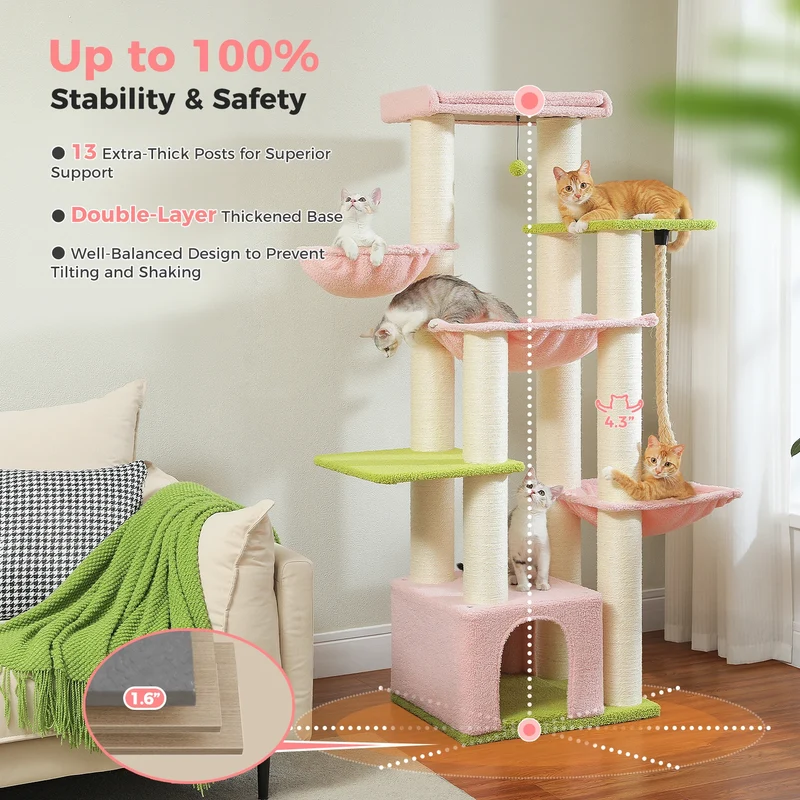 Multi-Level Cat Tree with Scratching Posts, Cozy Condo, Super Large Perch, Deep Hammocks, Tall Cat Tower for Indoor Adult Cats
