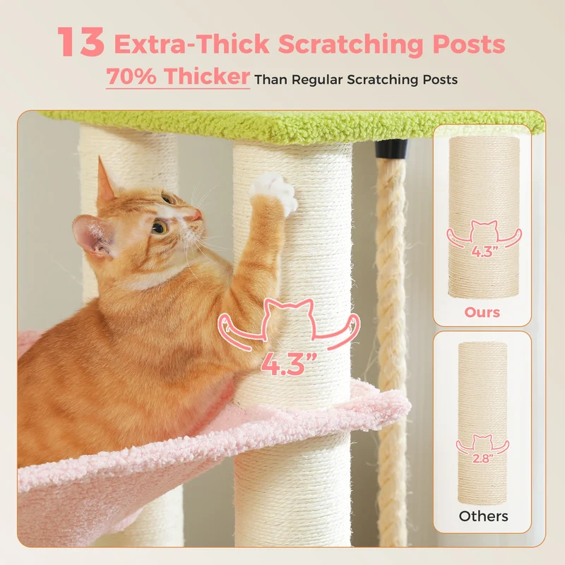 Multi-Level Cat Tree with Scratching Posts, Cozy Condo, Super Large Perch, Deep Hammocks, Tall Cat Tower for Indoor Adult Cats
