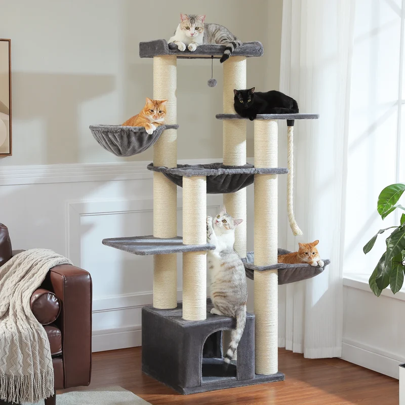 Multi-Level Cat Tree with Scratching Posts, Cozy Condo, Super Large Perch, Deep Hammocks, Tall Cat Tower for Indoor Adult Cats