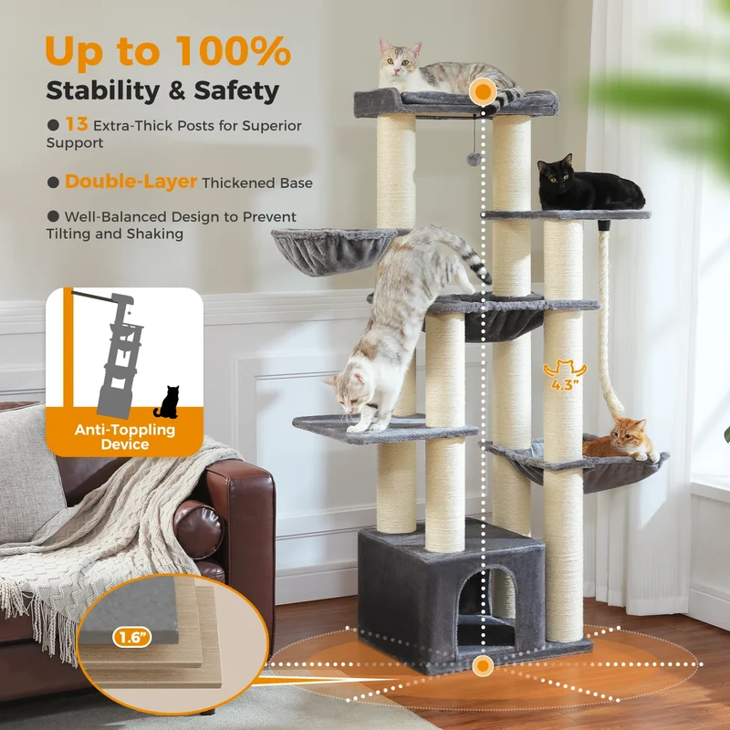 Multi-Level Cat Tree with Scratching Posts, Cozy Condo, Super Large Perch, Deep Hammocks, Tall Cat Tower for Indoor Adult Cats