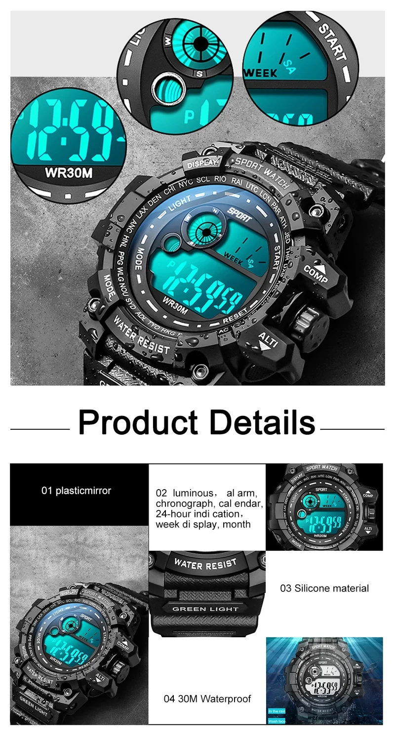 New Men LED Digital Watches Luminous Fashion Sport Waterproof Watches For Man Date Army Military Clock Relogio Masculino