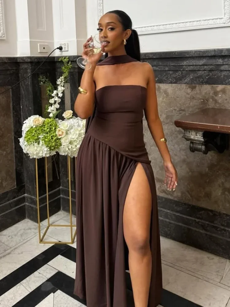 Butter Yellow Mesh Splicing Long Dress Elegant Strapless Split Backless Pleated Gowns For Women 2026 Lady Evening Party Gowns