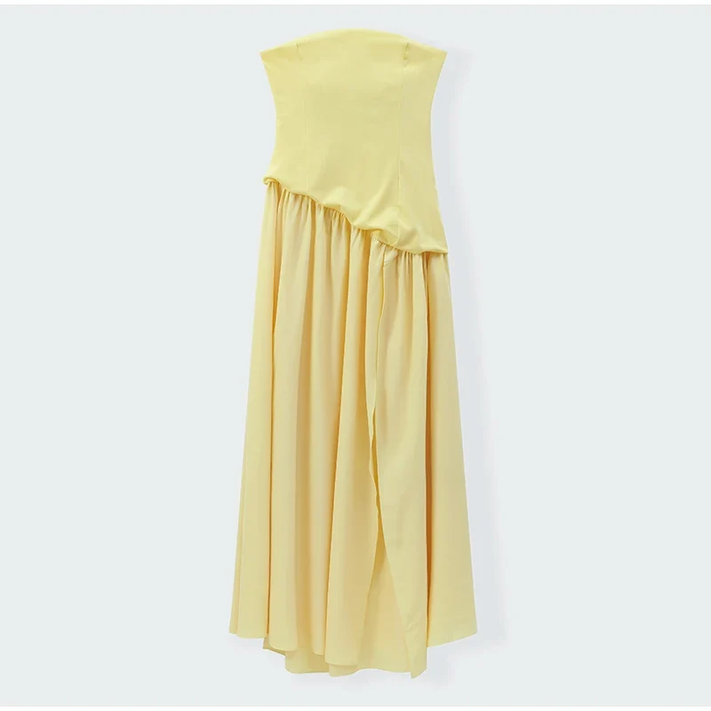Butter Yellow Mesh Splicing Long Dress Elegant Strapless Split Backless Pleated Gowns For Women 2026 Lady Evening Party Gowns