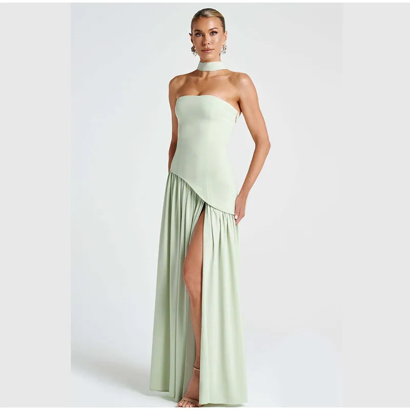 Butter Yellow Mesh Splicing Long Dress Elegant Strapless Split Backless Pleated Gowns For Women 2026 Lady Evening Party Gowns