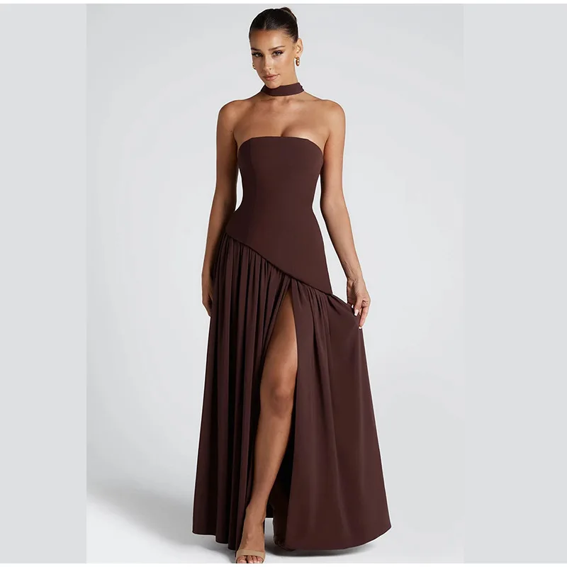 Butter Yellow Mesh Splicing Long Dress Elegant Strapless Split Backless Pleated Gowns For Women 2026 Lady Evening Party Gowns