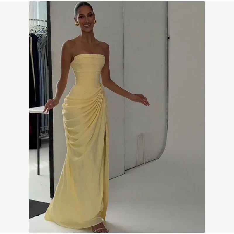 Butter Yellow Mesh Splicing Long Dress Elegant Strapless Split Backless Pleated Gowns For Women 2026 Lady Evening Party Gowns