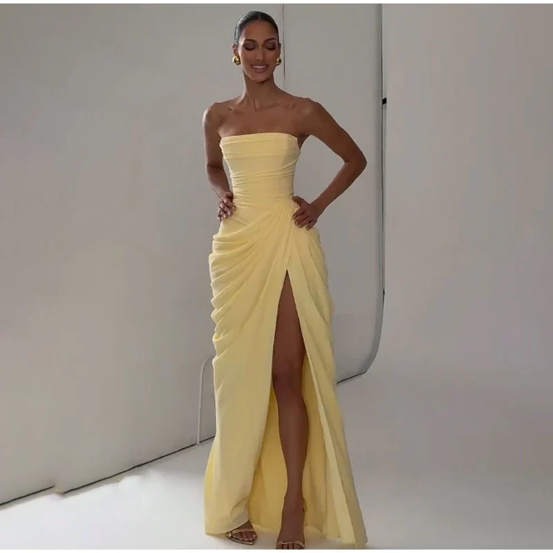 Butter Yellow Mesh Splicing Long Dress Elegant Strapless Split Backless Pleated Gowns For Women 2026 Lady Evening Party Gowns