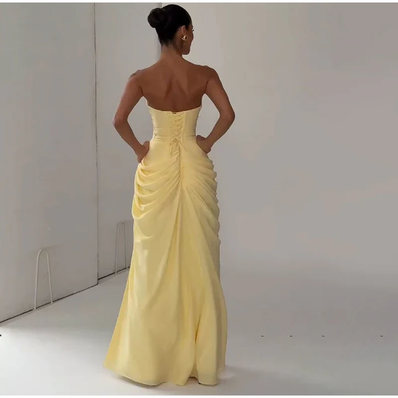 Butter Yellow Mesh Splicing Long Dress Elegant Strapless Split Backless Pleated Gowns For Women 2026 Lady Evening Party Gowns