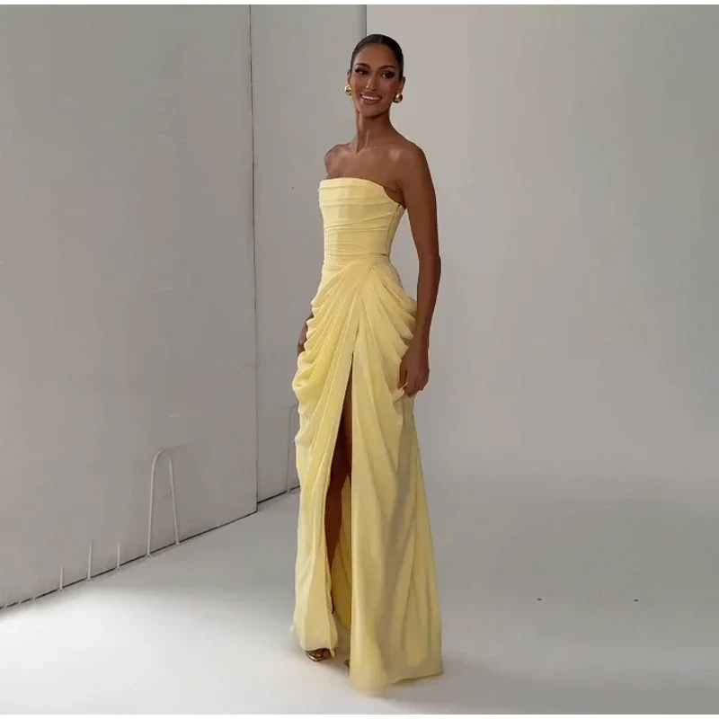Butter Yellow Mesh Splicing Long Dress Elegant Strapless Split Backless Pleated Gowns For Women 2026 Lady Evening Party Gowns