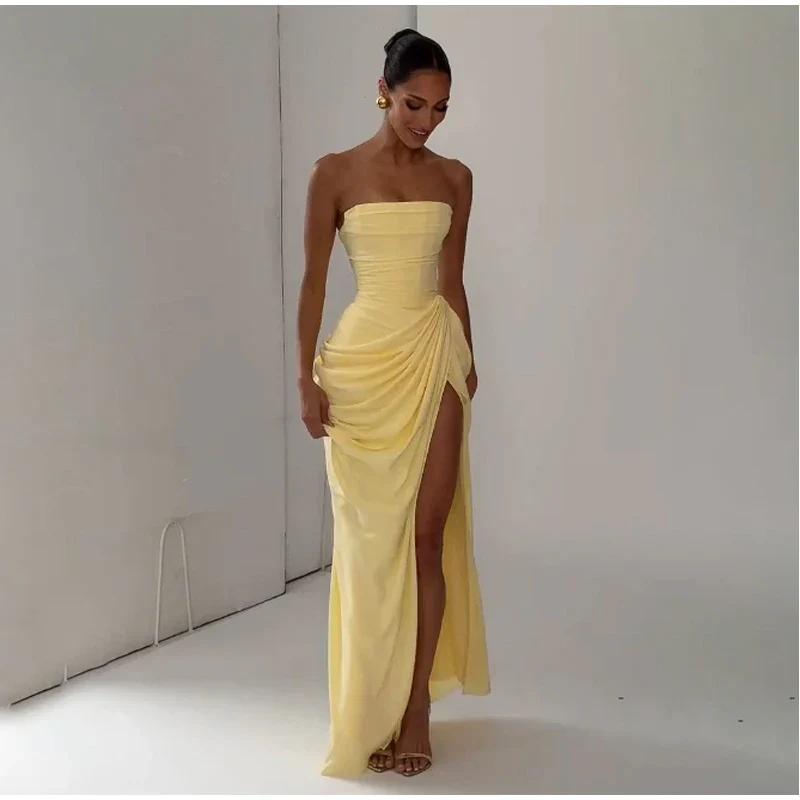 Butter Yellow Mesh Splicing Long Dress Elegant Strapless Split Backless Pleated Gowns For Women 2026 Lady Evening Party Gowns