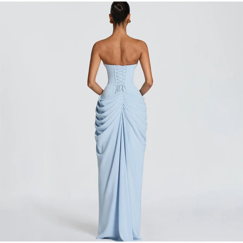 Butter Yellow Mesh Splicing Long Dress Elegant Strapless Split Backless Pleated Gowns For Women 2026 Lady Evening Party Gowns