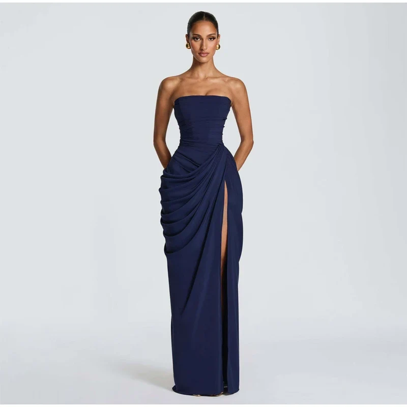 Butter Yellow Mesh Splicing Long Dress Elegant Strapless Split Backless Pleated Gowns For Women 2026 Lady Evening Party Gowns