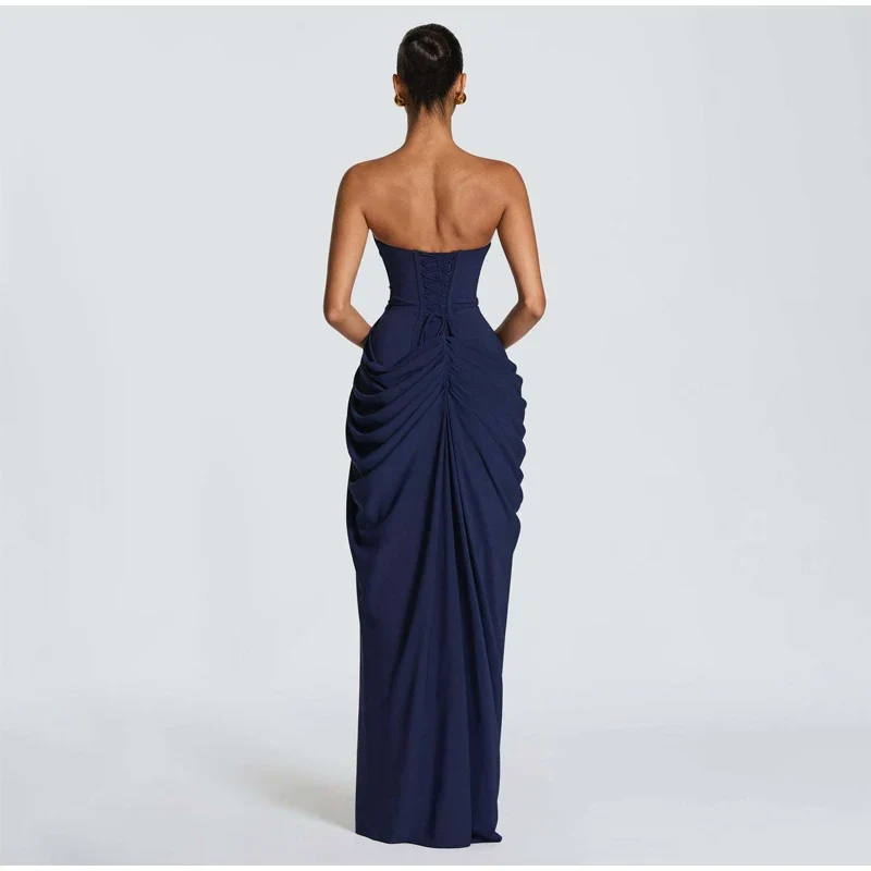 Butter Yellow Mesh Splicing Long Dress Elegant Strapless Split Backless Pleated Gowns For Women 2026 Lady Evening Party Gowns