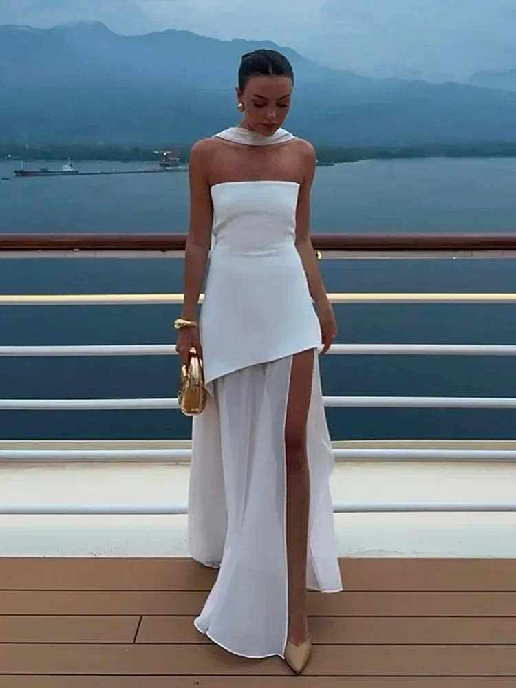 Butter Yellow Mesh Splicing Long Dress Elegant Strapless Split Backless Pleated Gowns For Women 2026 Lady Evening Party Gowns