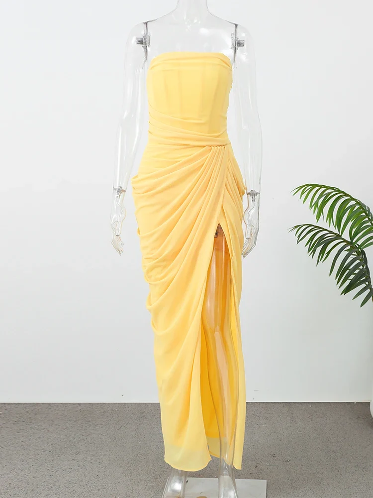 Butter Yellow Mesh Splicing Long Dress Elegant Strapless Split Backless Pleated Gowns For Women 2026 Lady Evening Party Gowns