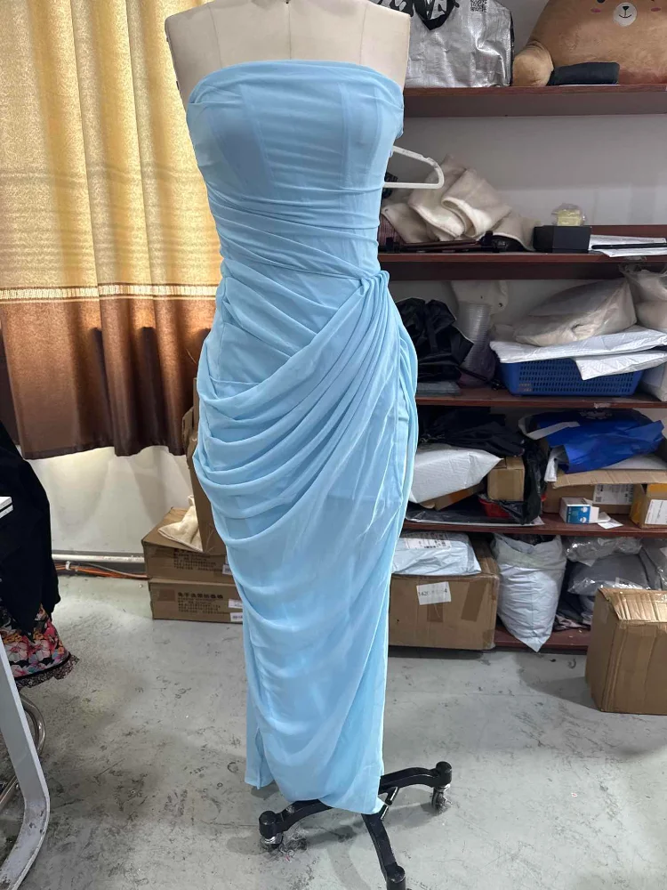 Butter Yellow Mesh Splicing Long Dress Elegant Strapless Split Backless Pleated Gowns For Women 2026 Lady Evening Party Gowns