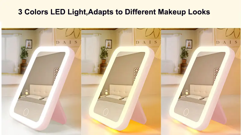 3 Colors LED Vanity Mirror with Touch Screen USB Rechargeable Dimming Makeup Mirror 3 Brightness Portable