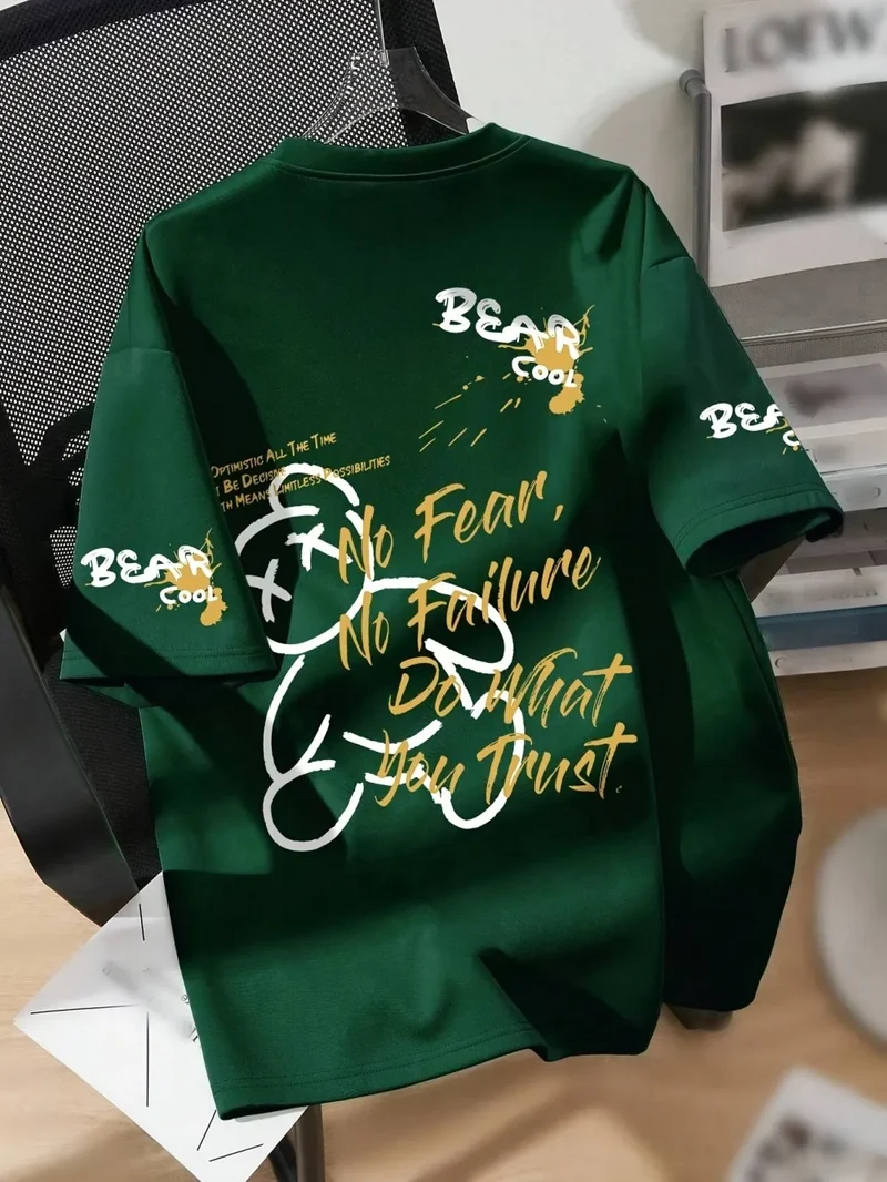 Summer men's round neck breathable T-shirt with cartoon bear print pattern suitable for daily and weekend gifting to friends