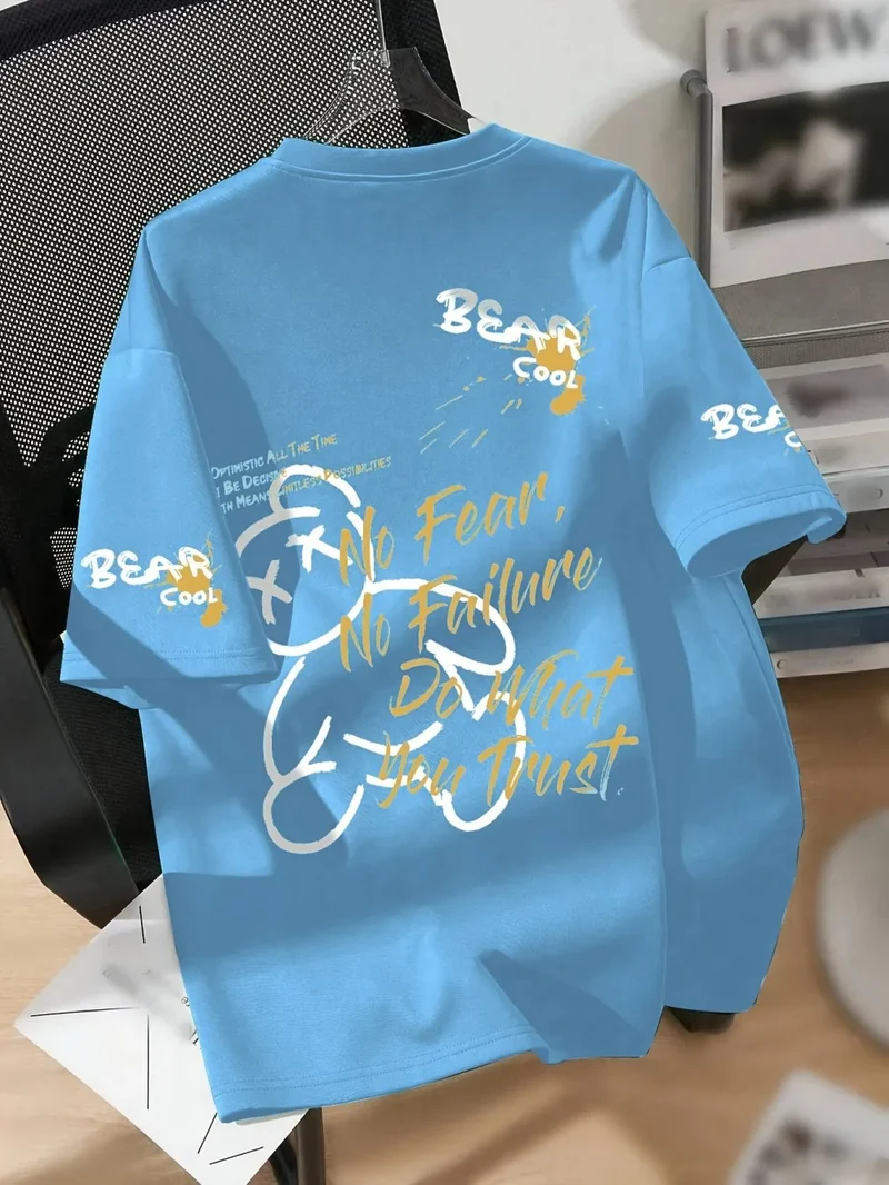 Summer men's round neck breathable T-shirt with cartoon bear print pattern suitable for daily and weekend gifting to friends