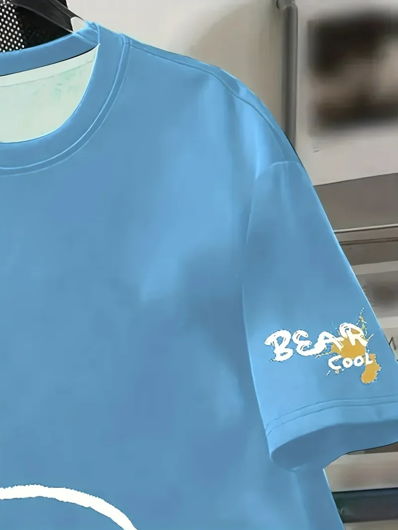 Summer men's round neck breathable T-shirt with cartoon bear print pattern suitable for daily and weekend gifting to friends