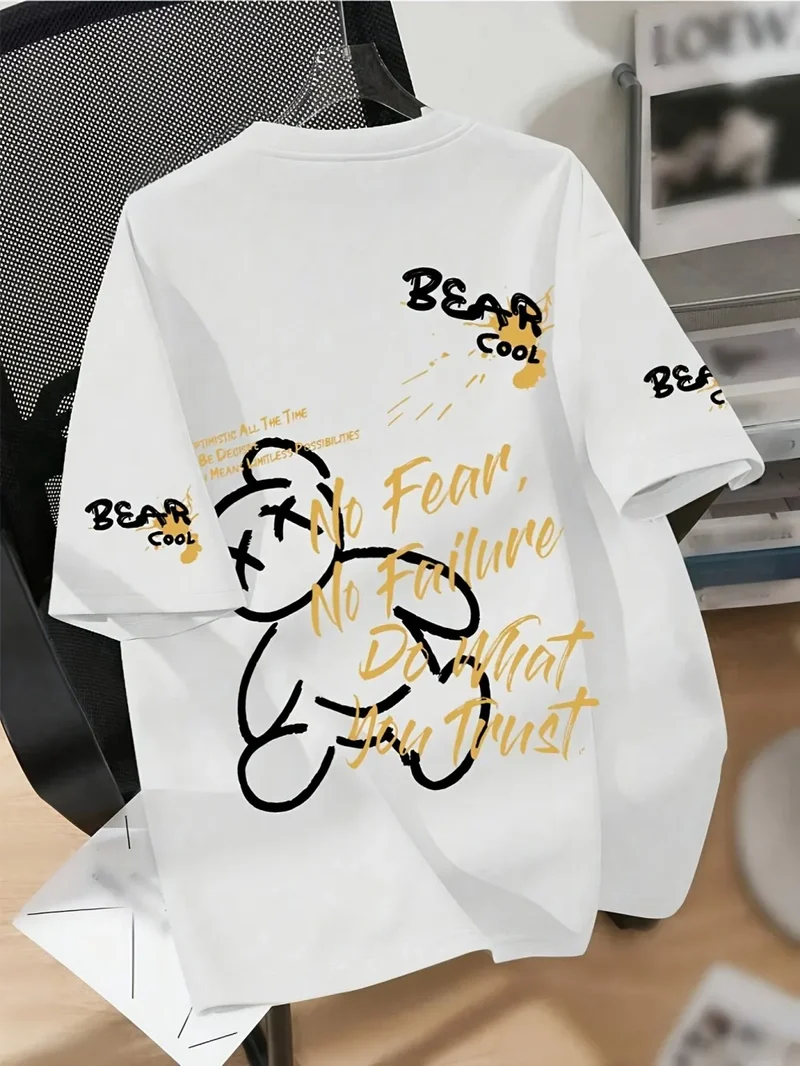Summer men's round neck breathable T-shirt with cartoon bear print pattern suitable for daily and weekend gifting to friends
